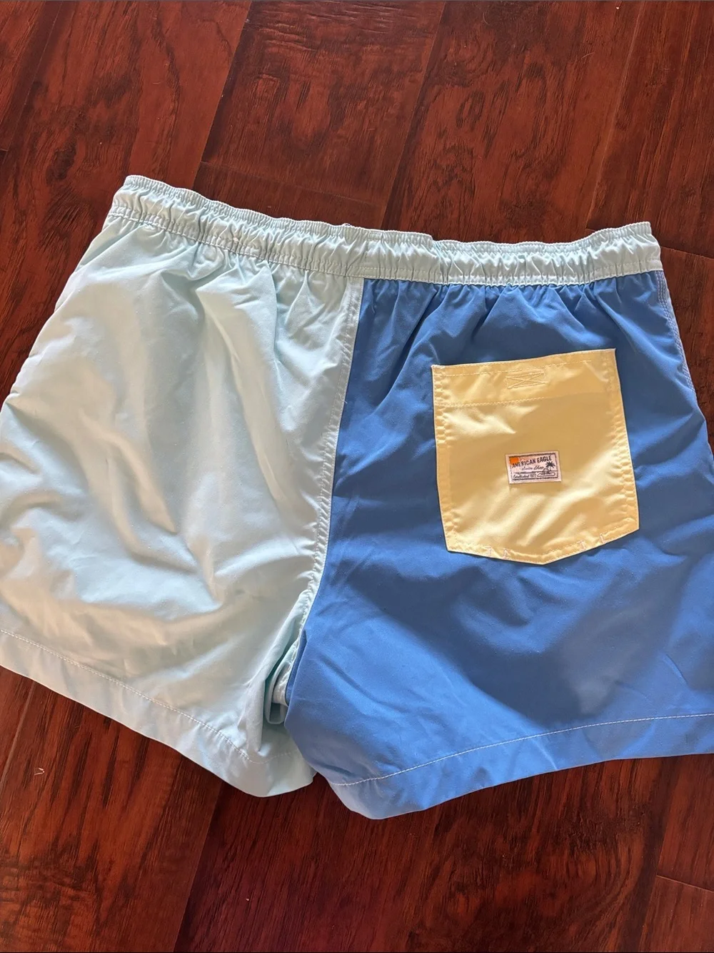 mens Two-Tone Light Blue and Pale Yellow Swim Shorts American Eagle